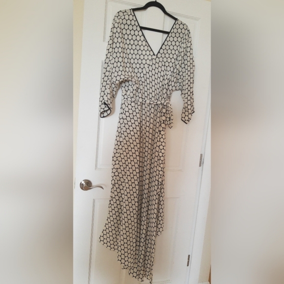 New. Asymetric Polka Dot Black/ Ivory Wrap 100% Silk Maxi Dress. - Picture 3 of 12